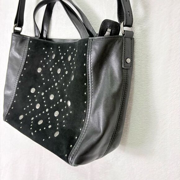 Lucky Brand Black Leather and Suede Studded Satchel Purse with Crossbody Strap - Picture 7 of 12